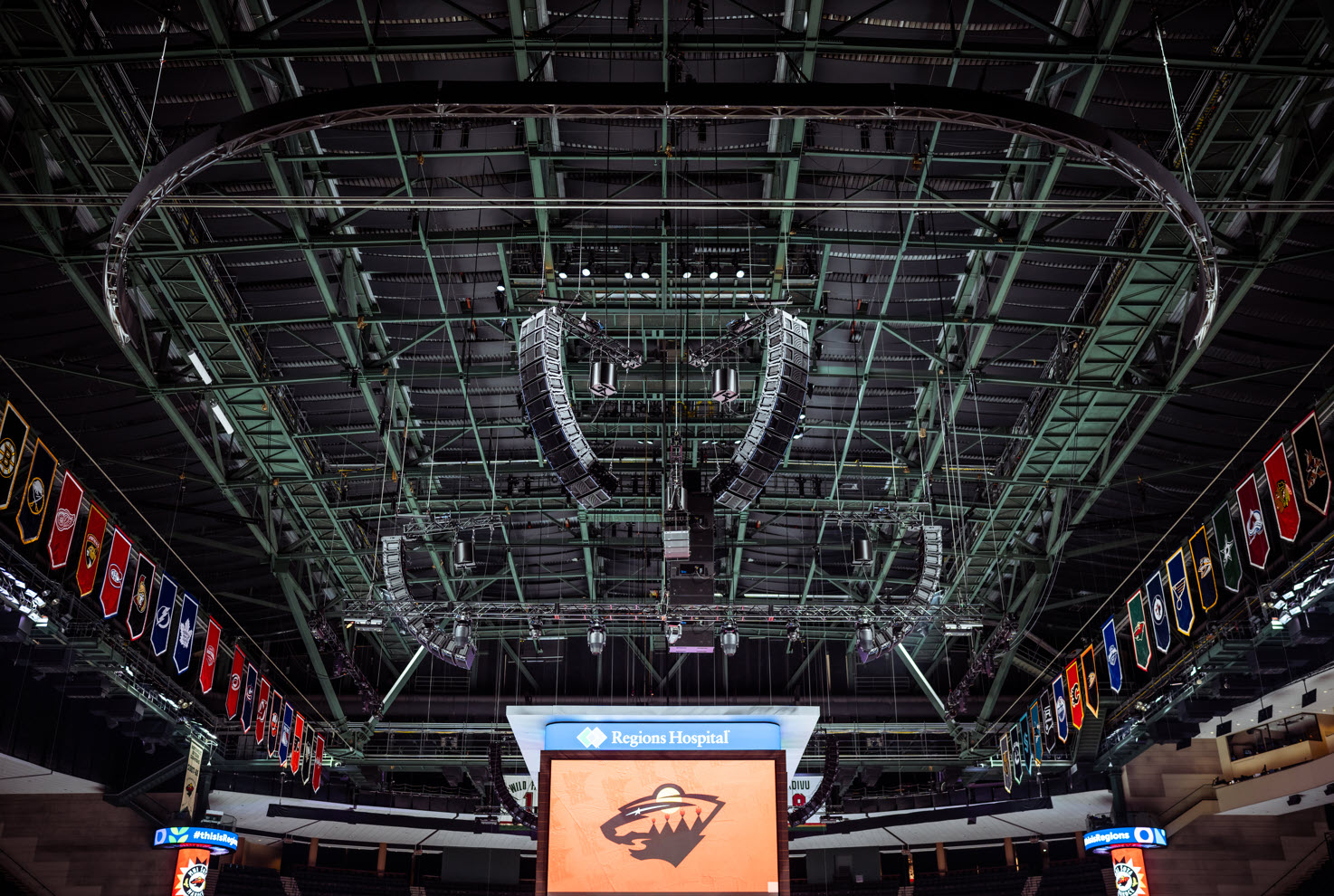 Digital scoreboard and speakers at the Xcel Energy Center Arena