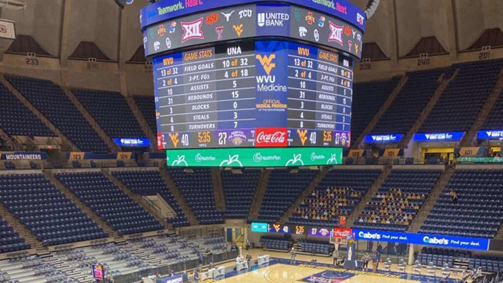 Digital scoreboard in an indoor basketball arena