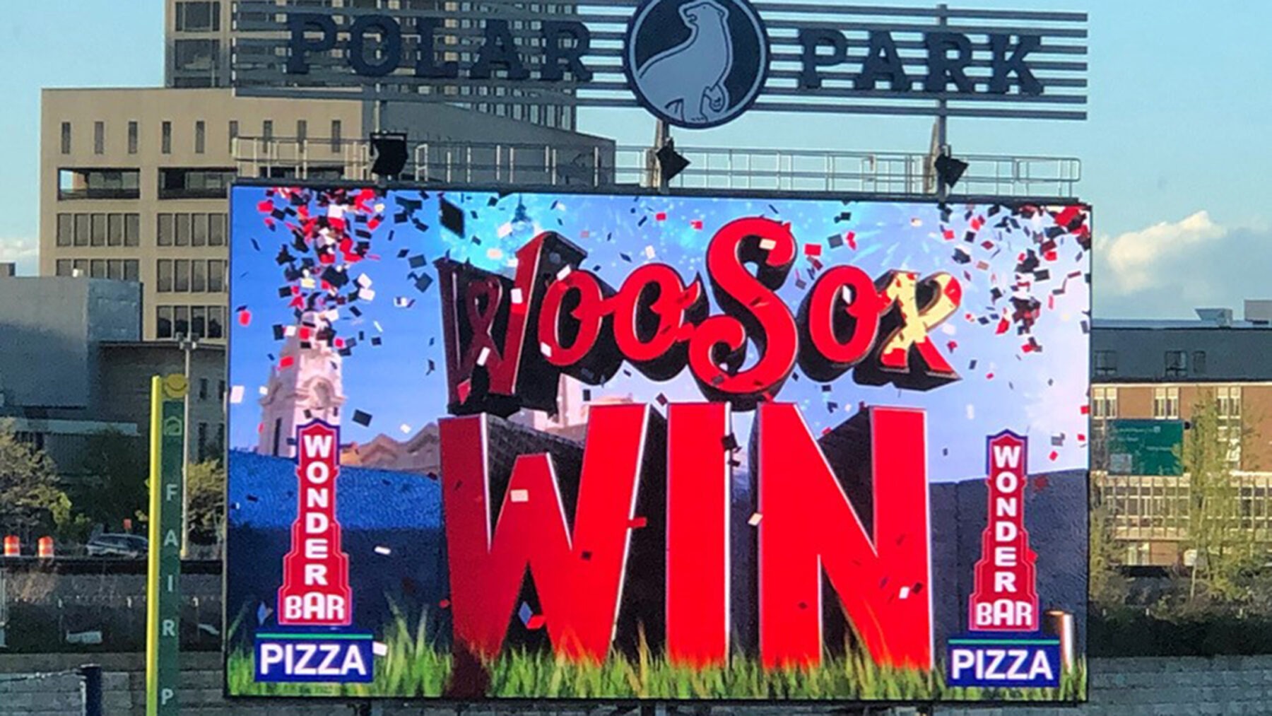 Large digital sign at Polar Park. The sign is showing a graphic that says, "Woo Sox Win"