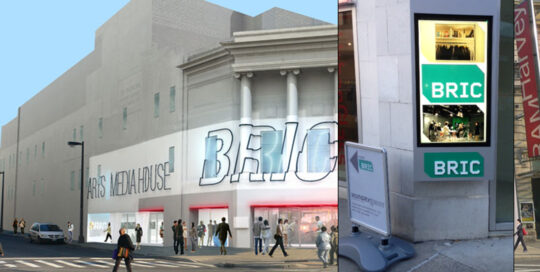 Outdoor digital signage displaying BRIC branding graphics