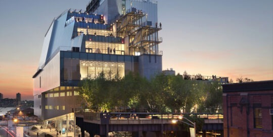 Exterior of the Whitney Museum of American Art at twilight