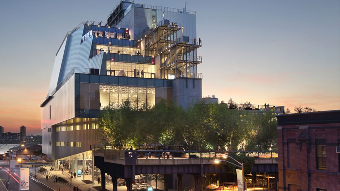 Exterior of the Whitney Museum of American Art at twilight